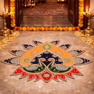 Kalakruti  Rangoli for Diwali Decoration, Golden Yellow & Navy Blue Rangoli Patch, Artificial Rangoli for Pooja Decoration Items, Rangoli for Festival Home & Door Décor (12x12)  A